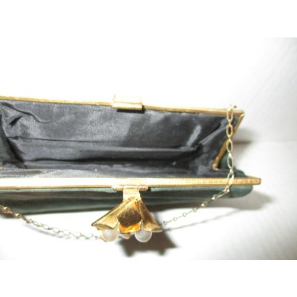 *Vintage Forest Green Felt Faux Pearl Clasp Closure Wristlet Clutch - Picture 3 of 4